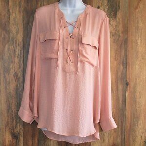 a.n.a Women's Dusty Rose Chiffon Lace Up Blouse L